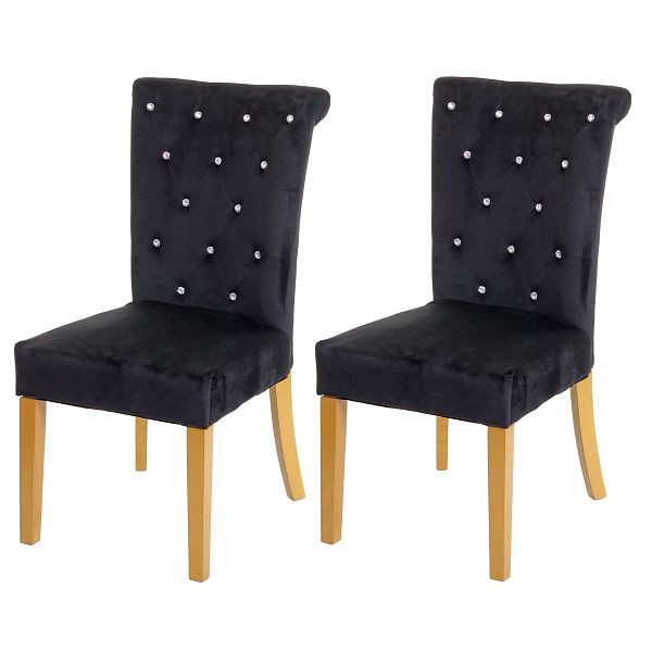 Mendler set van 2 eetkamerstoelen HWC-D22, stoel keukenstoel, studded velvet, zwart, goudkleurige poten, 72781