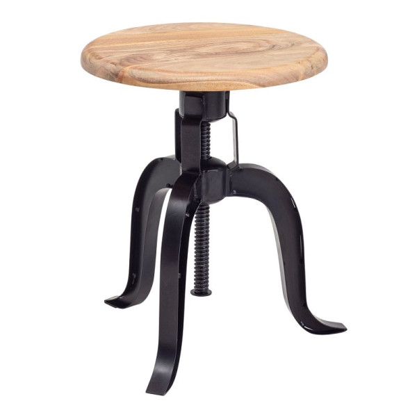 Wohnling draaikruk 39x62,5x39 cm massief acaciahout / metaal zwart draaibaar, design decoratieve kruk in hoogte verstelbaar, staande kruk rond industrieel, WL6.658