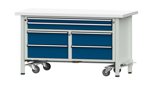 ANKE werkbanken box werkbank, model 255 V, 1500 x 700 x 840 mm, RAL 7035/5010, KSP 40 mm, met neerlaatbaar verrijdbaar apparaat, 304.210
