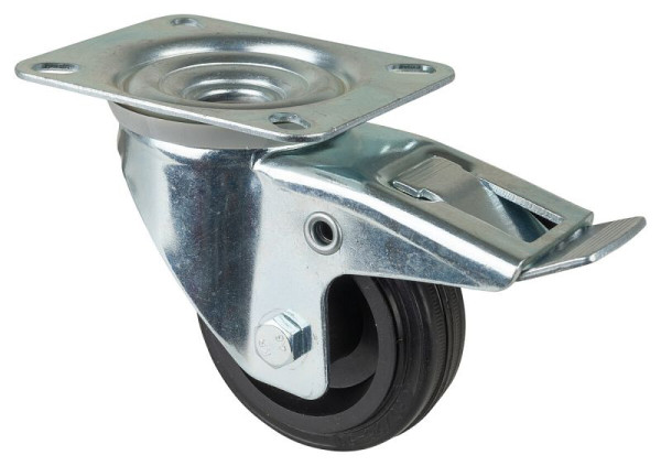 BS rollen transportrol met rem, breedte 30 mm, Ø80 mm, tot 50 kg, zwart rubber, rollager, plaat, VE 4 stuks, L420.B45.080