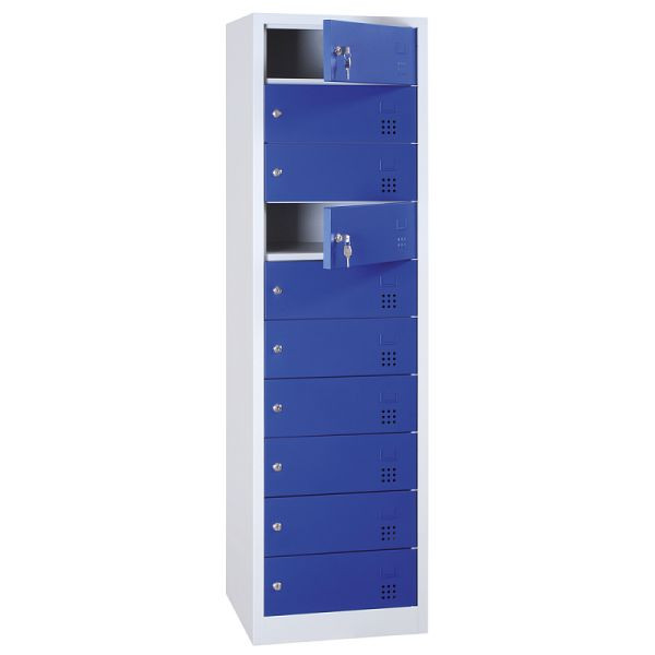 Lüllmann laptopkast, geëlektrificeerd, 10 vakken, 1800 x 500 x 500 mm, lichtgrijs/gentiaanblauw, 526441