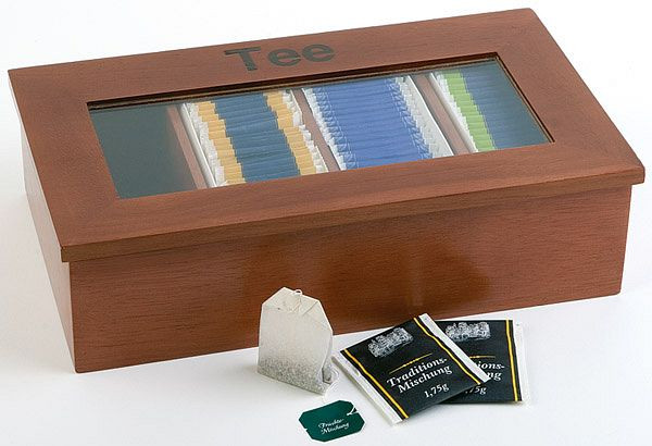 APS theedoos, 33,5 x 20 cm, hoogte: 9 cm, hout, roodbruin, houten kist met kijkvenster, met opstapje -thee-, 11574