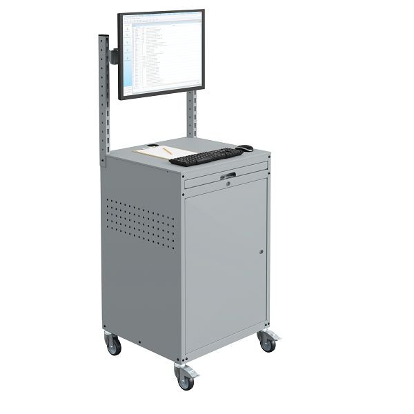 SOFAME MODULINFO computerkast B695 x D 660 x H 1005 mm met rail en schermhouder op wielen, lichtgrijs RAL 7035, W040010032GCGC