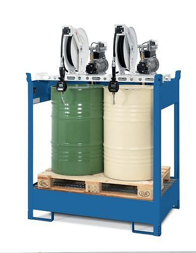 DENIOS oliestation EPO-2, kuip, 2 elektrische vatpompen, slanghaspel 10 m, 201-603