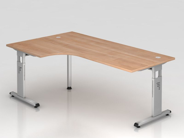 Hammerbacher hoektafel C-poot 200x120cm 90° walnoot/zilver, hoekvorm 90°, links of rechts monteerbaar, werkhoogte 65-85 cm, VOS82/N/S