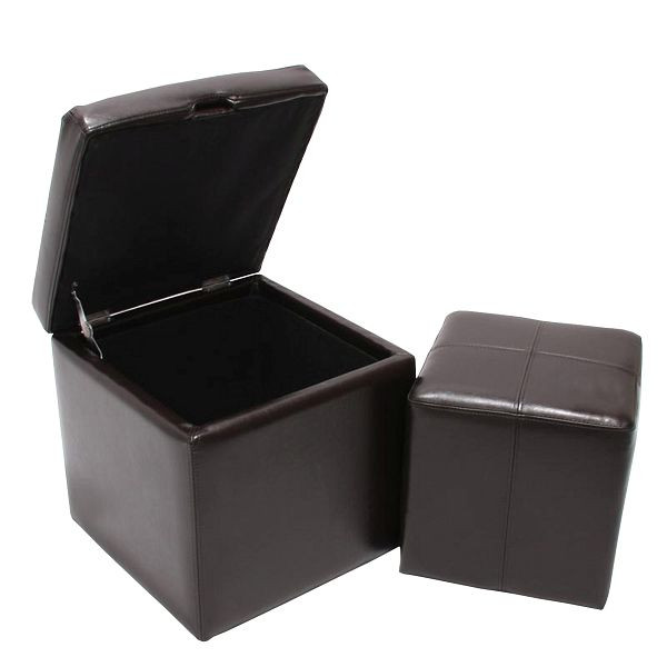 Mendler Set van 2 krukken, kubussen, krukken, opbergdoos Onex, leer + imitatieleer, 45x44x44cm, bruin, 7944+9308