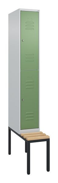 C+P dubbeldekkerkast Classic PLUS, 2120x300x815mm, 7035/6011, cilindersloten, beukenhouten zitlatten, met zitbank eronder, 0803507-10 S10096