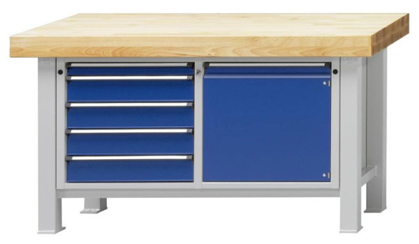 ANKE zware werkbank; 1500x800 mm; RAL 7035/5010; Beuk massieve plaat; Links 5 laden 60, 120, 120, 120, 120 mm; Rechts 1 deur 540 mm