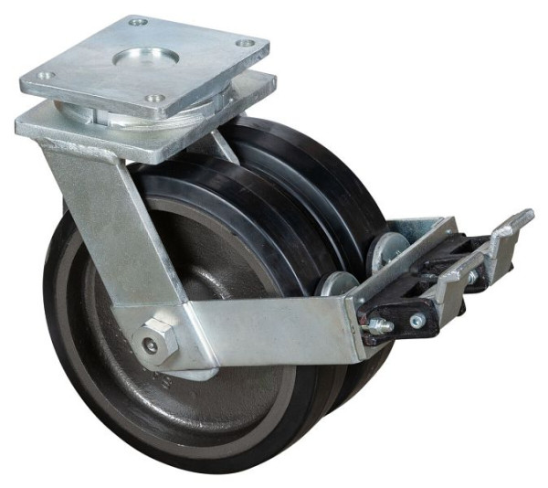 BS Rollen Zware dubbele zwenkwiel met wiel/slot, B2x75 mm, Ø300 mm, tot 1700 kg, zwarte elastische banden, gegoten lichaam, kogellagers, S120.B81.300