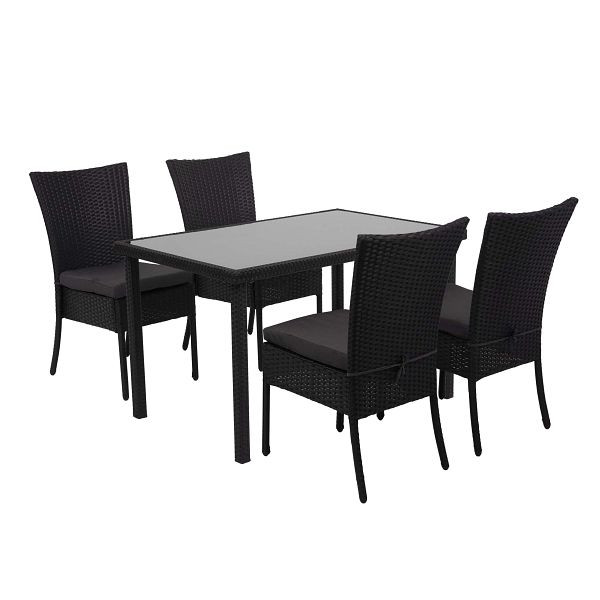 Mendler poly rotan set HWC-G19, zitgroep balkon/lounge set, 4xstoel+tafel, 120x75cm, zwart, donkergrijze kussens, 2x70950+70951