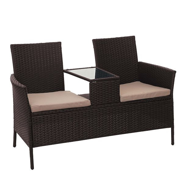 Mendler poly rotan bank met tafel HWC-E24, tuinbank zitgroep, tuinbank, 132cm, bruin, kussen creme, 65245