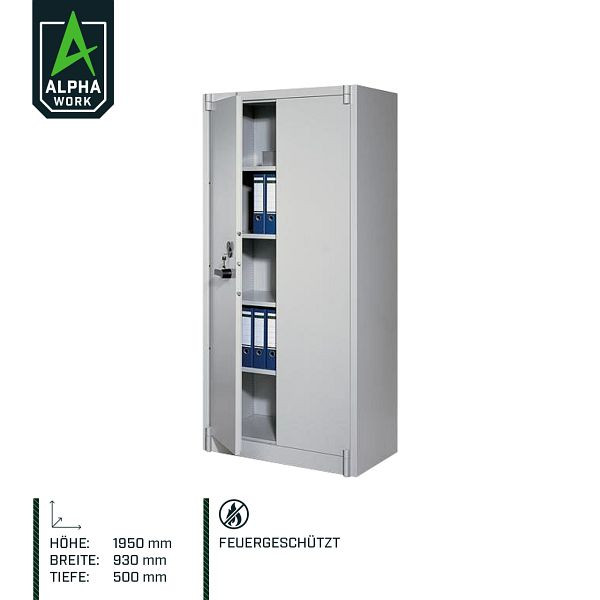 Alpha Work brandwerende kast, 930 x 1950 x 500 mm, 5 ordnerhoogtes, lichtgrijs, 00114