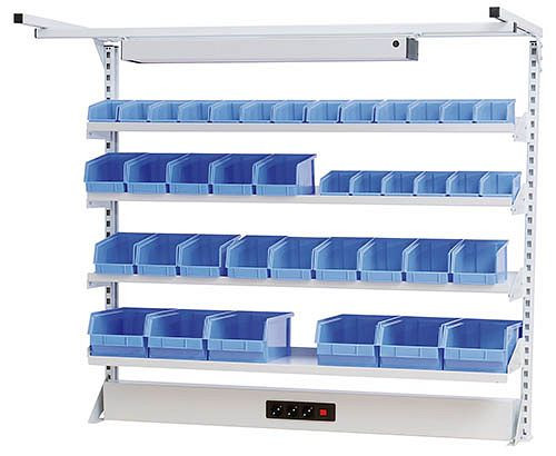 Bedrunka + Hirth meerwandige opbouw werklijn met bovenframe, 1x energiekanaal, 4x legbord, afmetingen in mm (BxDxH): 1500 x 750 x 1250, 03.9001522WL