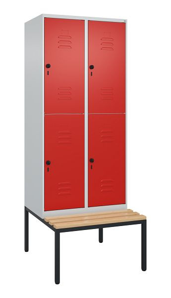 C+P Doppelstöckiger Spind Classic PLUS, 2 Abteile, 2120x800x815mm, 7035/3020, Drehriegel, Buche-Sitzleisten, mit untergebauter Sitzbank, 0803507-22 S10002