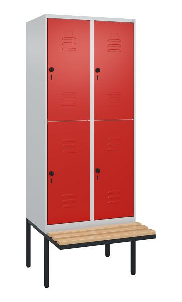 C+P Doppelstöckiger Spind Classic PLUS, 2 Abteile, 2120x800x815mm, 7035/3020, Drehriegel, Sitzleisten aus Buche, schwebende Sitzfläche, 0803407-22 S10002