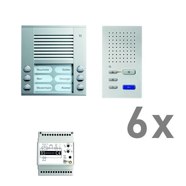TCS deurbediening audio: pack AP voor 6 wooneenheden, met buitenpost PES 6 belknoppen, 6x handsfree luidspreker ISW3030, bedieningseenheid BVS20, PAAF062 / 002