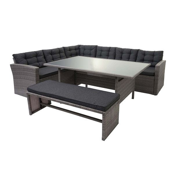 Mendler HWC-A29 poly rotan set, tuinset, lounge eettafel set, bank, grijs, grijze kussens + bank, 76638+76639