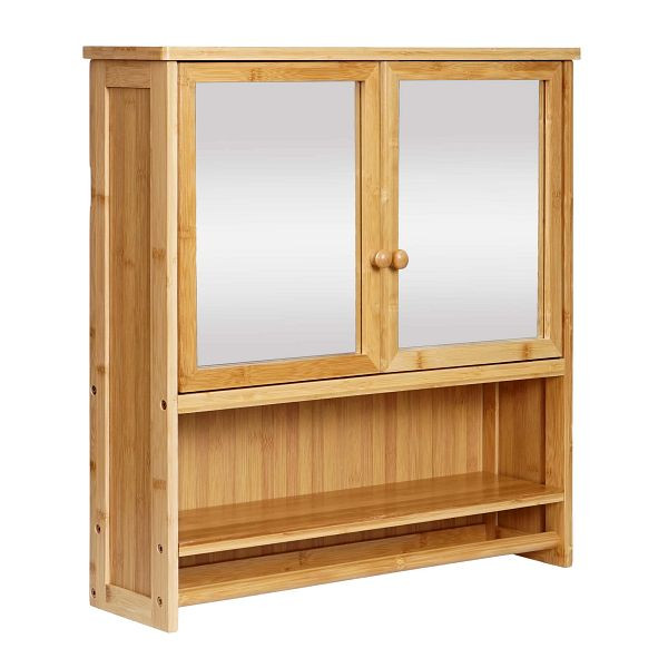 Mendler spiegelkast HWC-B18, badkamer spiegelkast wandkast, 3 planken 2 deuren spiegel bamboe 62x66x15cm, 84838