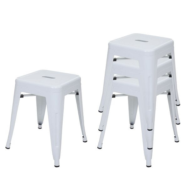 Mendler Set van 4 krukken HWC-A73, metalen krukken, metaal industrieel design, stapelbaar, wit, 70788
