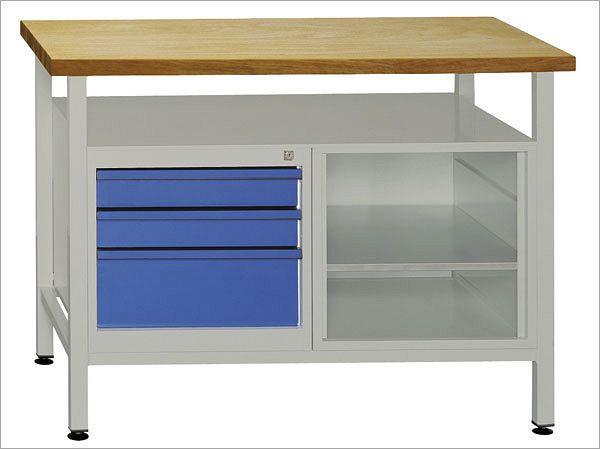 ADB werkbank 1 legborddeel + 3 laden en legbord, afmetingen: 1200x600x840mm (BxDxH), kleur werktafel: grijs, RAL 7035, kleur deur: lichtblauw, RAL 5012, 41926