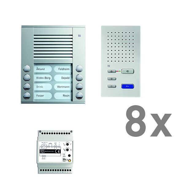 TCS deurbediening audio: pack AP voor 8 woonunits, met buitenstation PES 8 belknoppen, 8x handsfree luidspreker ISW3030, bedieningsunit BVS20, PAAF082 / 002
