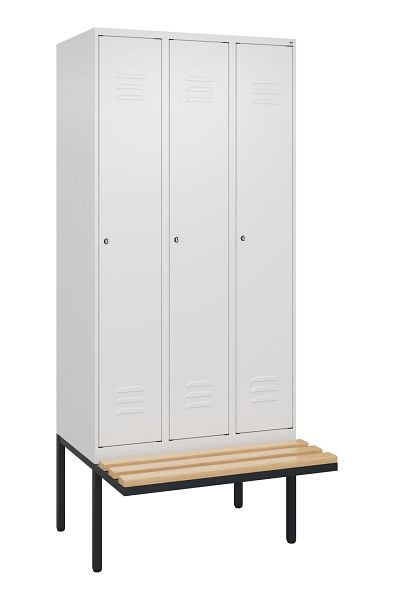 C+P Umkleidespind Classic PLUS, 3 Abteile, 2120x900x815mm, 9016/9016, Zylinderschlösser, Buche-Sitzleisten, 3 Doppel-Haken, 0800407-30 S10058