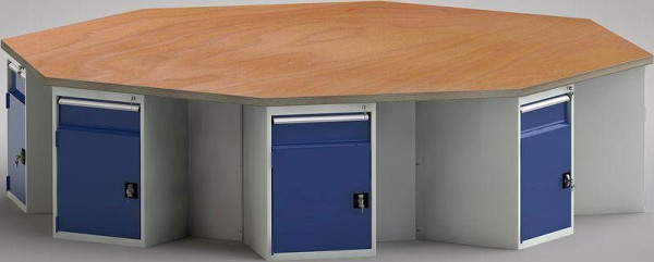 KLW standaard werkbank in achthoekige vorm (ERGO-versie) met beuken multiplex blad in achthoekige vorm 3259 x 3259 x 40 mm L x B x S, WS670E-1350M40-E8012