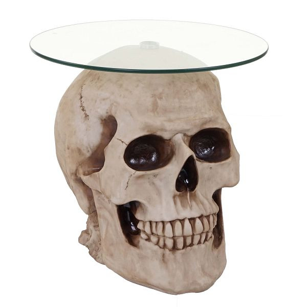 Mendler bijzettafel schedel HWC-A19, glazen tafel woonkamertafel salontafel schedel, polyresin rond Ø55cm naturel, 62695