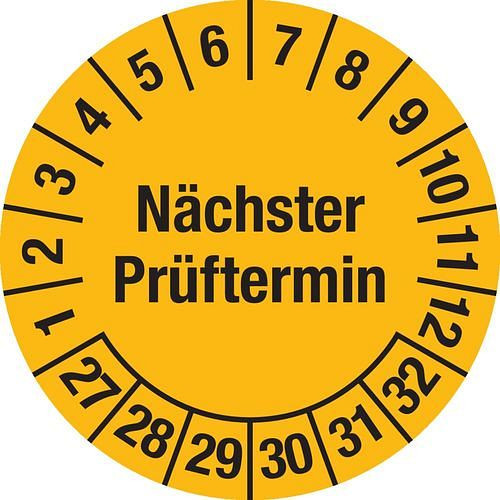 DENIOS teststicker "Next test date", 27 - 32, gele versie, folie, SK, 30 mm, verpakking: 5 vellen à 15 stuks, 290066