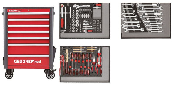 GEDORE rode gereedschapsset in de WINGMAN rode werkplaatswagen, 129-delig, 7 laden, 3301694