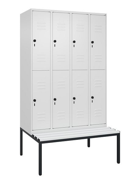C+P Doppelstöckiger Spind Classic PLUS, 4 Abteile, 2120x1200x815mm, 9016/9016, Drehriegel, mit untergebauter Sitzbank, 0803507-40 S10119