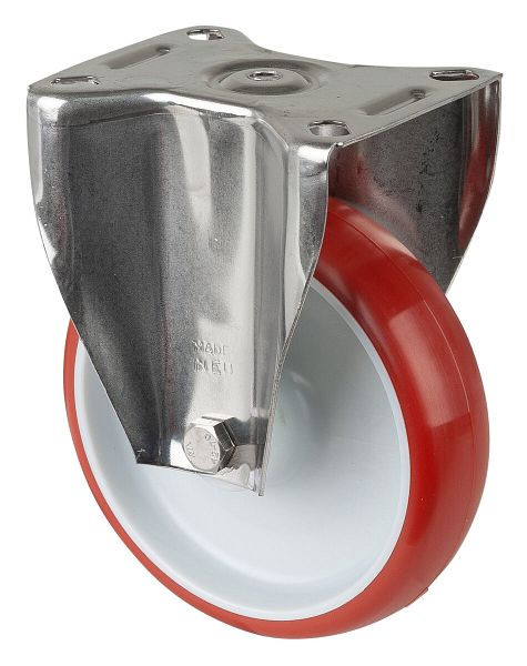 BS rollen RVS transportrol, vaste rol, breedte 32 mm, Ø125 mm, tot 130 kg, loopvlak polyurethaan rood, kunststof, glijlager, plaat, H110.B26.125