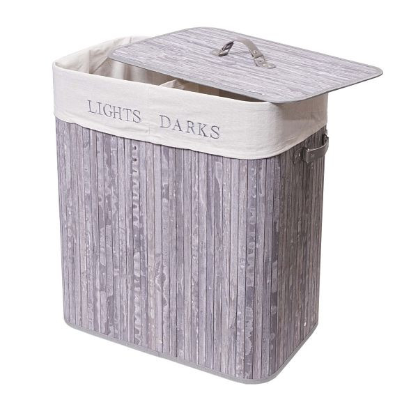 Mendler wasmand HWC-C21, Wasmand wasbox wasmand wasmand, bamboe 2 vakken 63x55x34cm 100l, grijsblauw, 74042