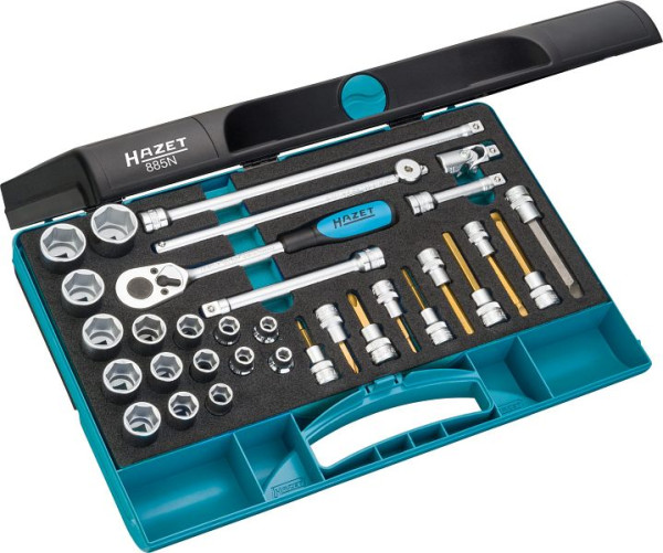 Hazet dopsleutelset, hol vierkant 10 mm, buitenzeskant trekprofiel, binnenzeskantprofiel, Phillips profiel PH, sleufprofiel, 885N