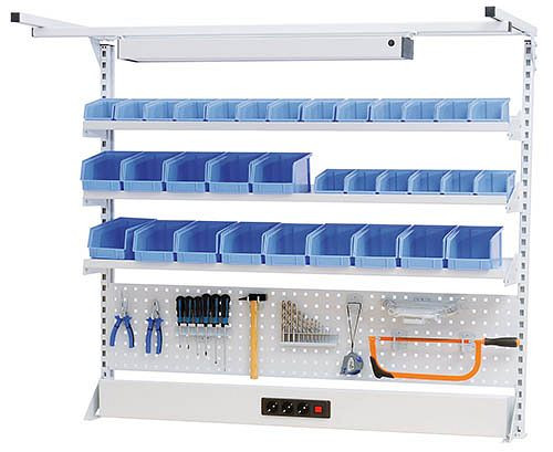 Bedrunka + Hirth meerwandige opbouw werklijn met bovenframe, 1x energiekanaal, 1x geperforeerde wand, 3x legplank, afmetingen in mm (BxDxH): 1500 x 750 x 1250, 03.9001525WL