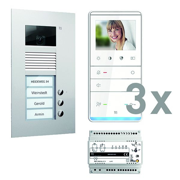 TCS deurbediening video: pack UP voor 3 wooneenheden, met voordeurstation AVU 3 belknoppen, 3x video handsfree luidspreker IVW5111, bedieningseenheid, PVU17030-0010