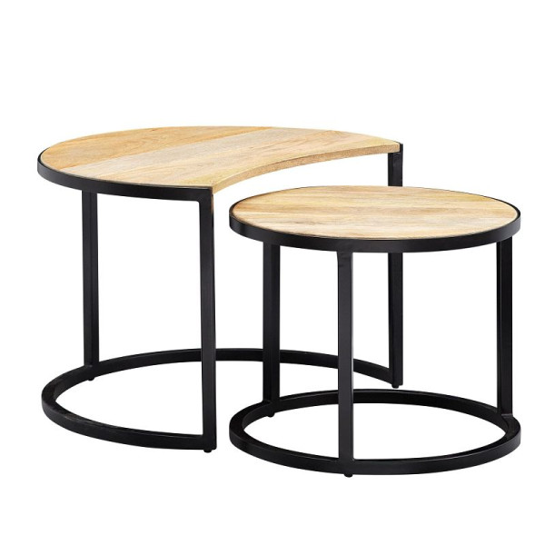 Wohnling salontafel set van 2 mango massief hout / metaal rond, lichtbruin, met zwarte metalen poten, WL6.338