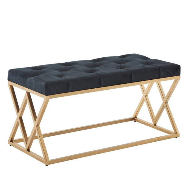 Wohnling bank fluweel zwart 90x46x44 cm hal gestoffeerde bank met metalen frame, bedbank slaapkamer Chesterfield design, poten: dubbel kruis, WL6.619