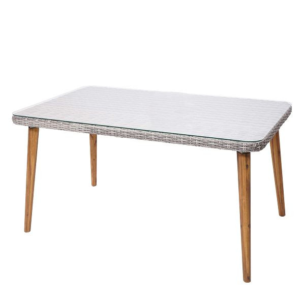 Mendler poly rotan eettafel HWC-H65, tuin-/loungetafel, staal + acacia halfrond poly rotan FSC 150x90cm, grijs, 73753
