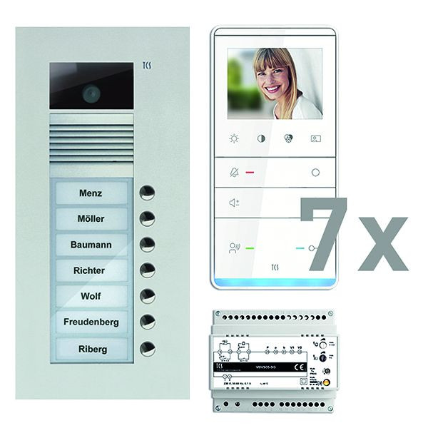 TCS deurbediening video: pack UP voor 7 wooneenheden, met voordeurstation AVU 7 belknoppen, 7x video handsfree luidspreker IVW5111, bediening, PVU17070-0010