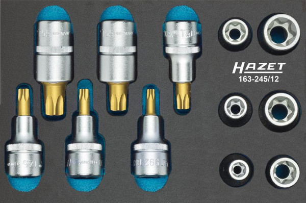 Hazet gereedschapsset, TORX®, hol vierkant 12,5 mm, buiten TORX® profiel, binnen TORX® profiel, E10 - E20, T30 - T60, aantal gereedschappen: 12, 163-245/12