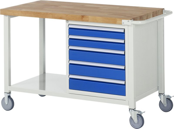 RAU verrijdbare werkbank 8000 - model 8171, B1250 x D700 x H880-1080 mm, systeemonderstel B1245 x D650 mm, 5 laden, 05-8171A6-127B4H.11