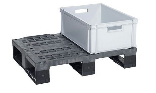 DENIOS displaypallet, van PE-RE, 600 x 800 x 160 mm, 3 geleiders, met rand, VE 5 stuks, 312634