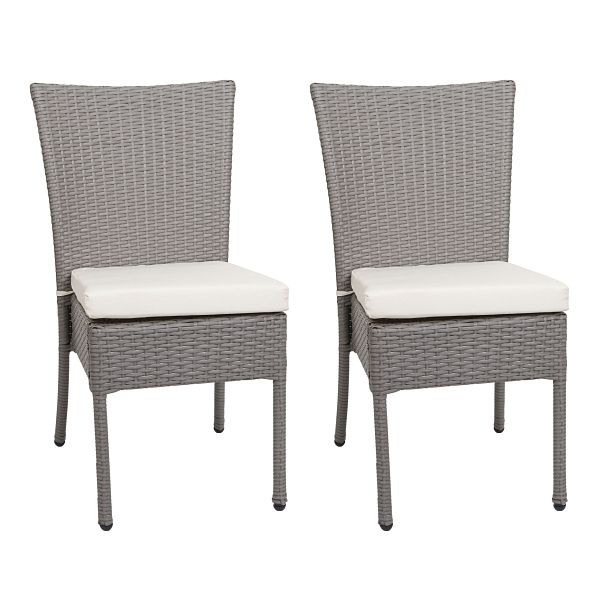 Mendler set van 2 poly rotan stoelen HWC-G19, balkonstoel, tuinstoel, stapelbaar, grijs, kussen creme, 97139