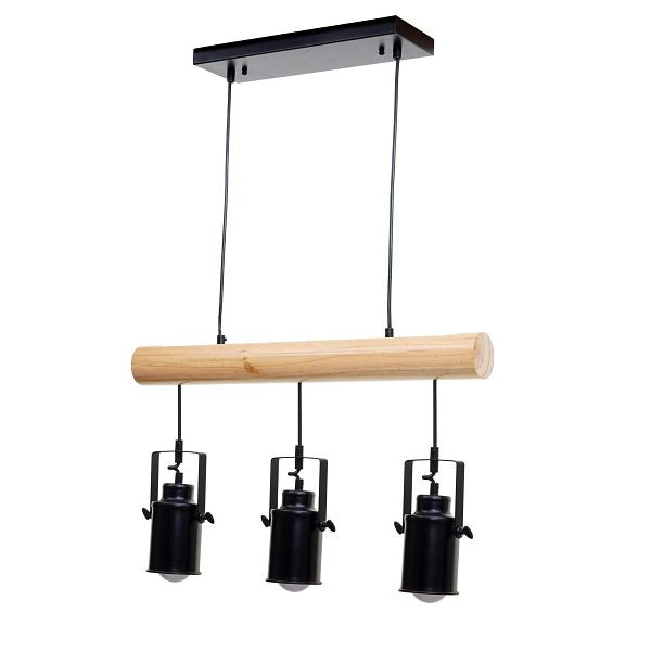 Mendler hanglamp HWC-H83, hanglamp hanglamp, industrieel vintage massief hout metaal zwart, 3 spot lampenkappen, 74209