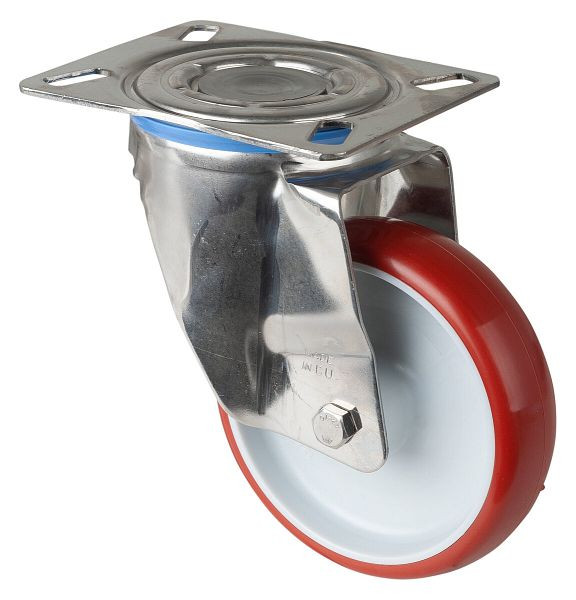 BS rollen RVS transportrol, breedte 32 mm, Ø125 mm, tot 180 kg, loopvlak polyurethaan rood, wiellichaam kunststof, glijlager, plaat, H100.B26.126