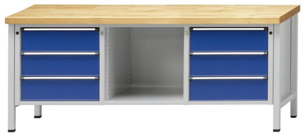 ANKE kastwerkbank; 2000x700 mm; RAL 7035/5010; 3 laden links; Middenvak open; Rechts 3 laden 180 mm