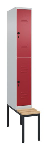 C+P Doppelstöckiger Spind Classic PLUS, Bank, 2120x300x815mm, 7035/3003, Drehriegel, Sitzleisten aus Buche, mit untergebauter Sitzbank, 0803507-10 S10001