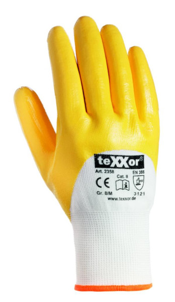 teXXor polyester gebreide handschoenen NITRILE COATED, maat: 8, kleur: wit/geel, verpakking: 144 paar, 2358-8
