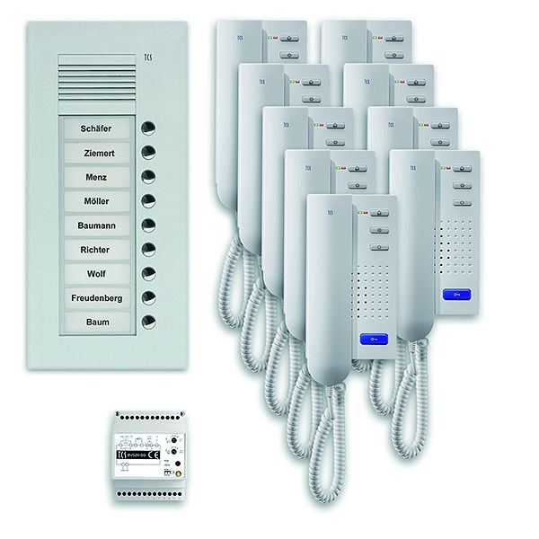 TCS deurbedieningssysteem audio: pack UP voor 9 wooneenheden, met buitenpost PUK 9 belknoppen, 9x deurtelefoon ISH3030, bedieningseenheid BVS20, PPU09-EN / 02